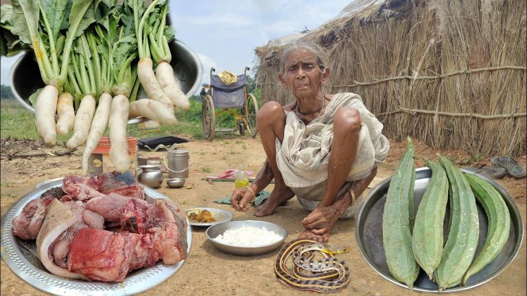 PORK CURRY with Ridge Gourd & Radish recipe cooking by poor old Grandma and eating||Village kitchen