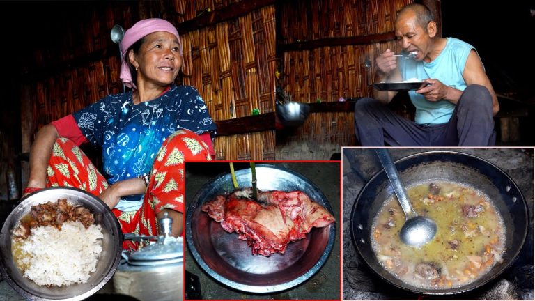 jungle man favorite pork CURRY & rice cooked by his wife for him in their jungle hut@ruralnepall