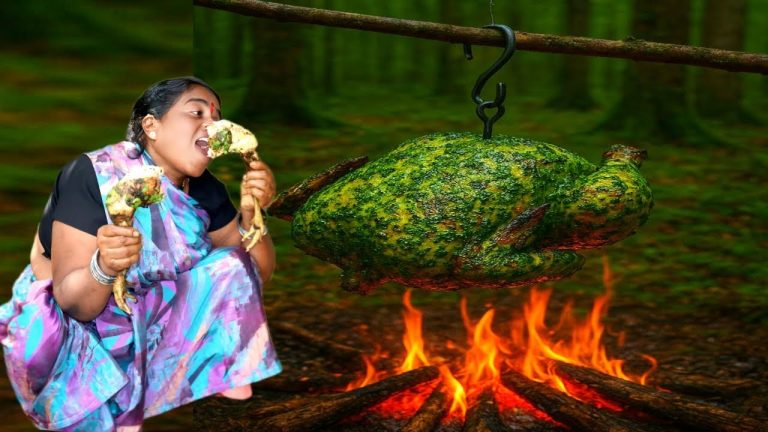 GREEN GRILL CHICKEN | full chicken cooking & eating | BBQ recipe