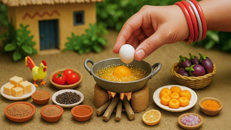 Miniature Fried Egg Bombs 🥚🔥 Tiny Indian Egg Balls Recipe on Clay Stove | Tiny Food ASMR