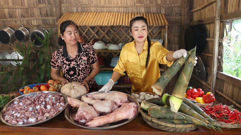 Mother and daughter cooking – Harvest bamboo shoot to cook with pork leg and chicken gizzard