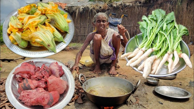 PORK CURRY with Radish & pumkin flower recipe cooking and eating by poor old Grandma ||Village food