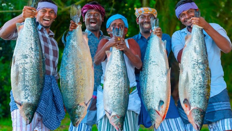 SALMON FISH | American Salmon Grill & Indian Style Fish Gravy Cooking in USA Village | Omega 3 Food