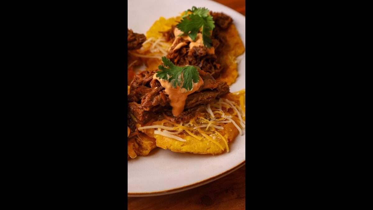 Shredded Beef & Cheese Topped Tostones