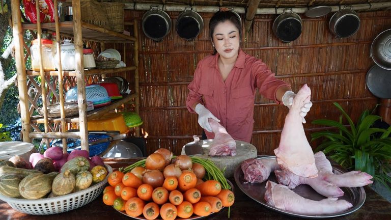 Pork legs, pumpkin, taro, carrot, potato, onion… cook with homestyle | Cooking with Sreypov