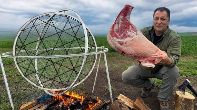 Cooking Meat on a Gyroscope Grill in Wilderness – No Gravity, No Kitchen