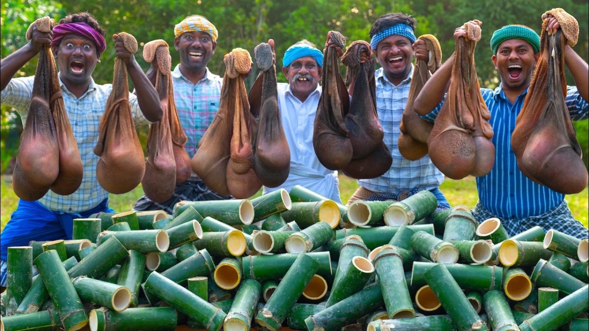 BAMBOO INTESTINE | Goat Intestine Recipe Cooking in Bamboo | Mutton Boti Cleaning | Kudal Curry