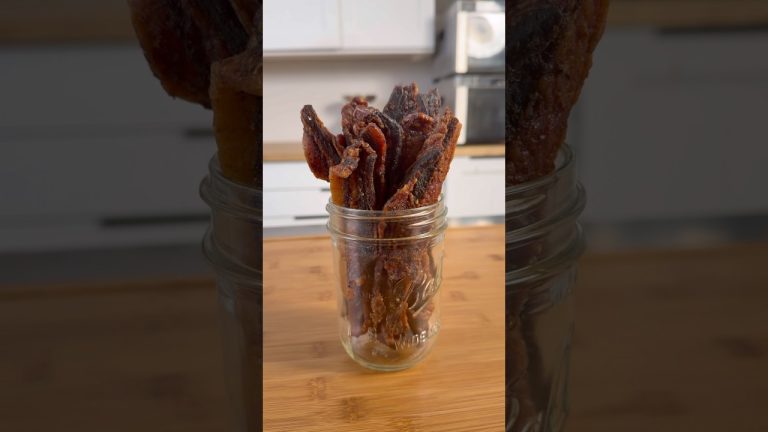 The BEST way to make Bacon Jerky is using this simple Apple Whiskey marinade