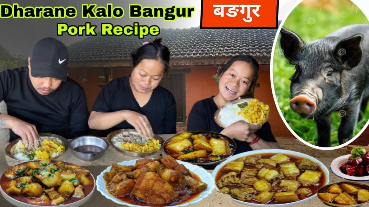 PORK MEAT || धराने कालो बङगुर र खाना || village cooking style pork recipe || village pork eating