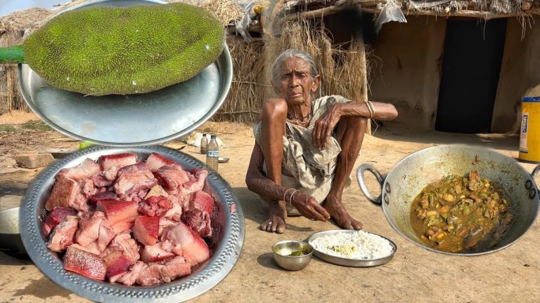 Rural old poor Grandma cooking PORK CURRY with Jackfruit recipe and eating with rice