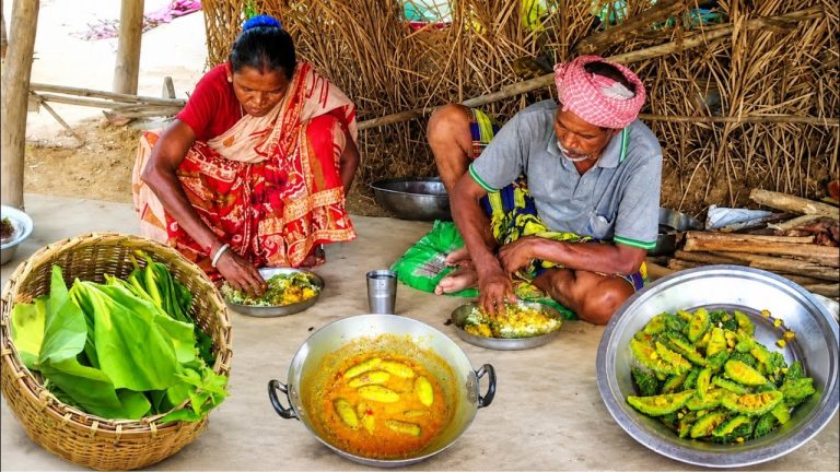 kochu leaves recipe and karela fry || cooking and eating by santali tried old couple